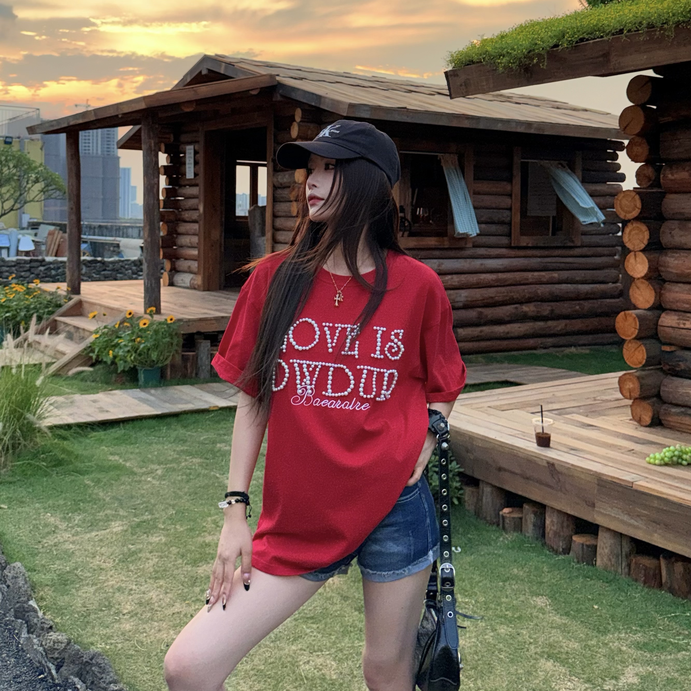 Women's Short Sleeve Bubble Letter T-Shirt - Loose Fit Round Neck Summer Top for Couples, Casual Lazy Style