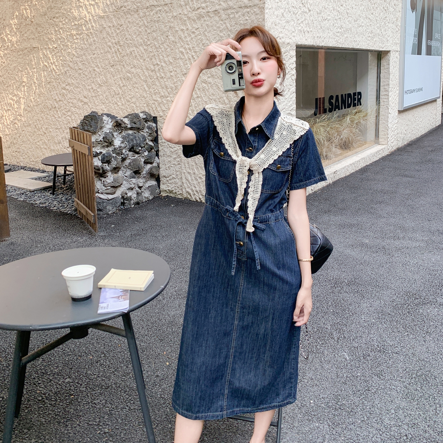 Women's Short Sleeve Denim Dress 2025 with Lace Shawl, Drawstring Waist, Slimming Summer Style