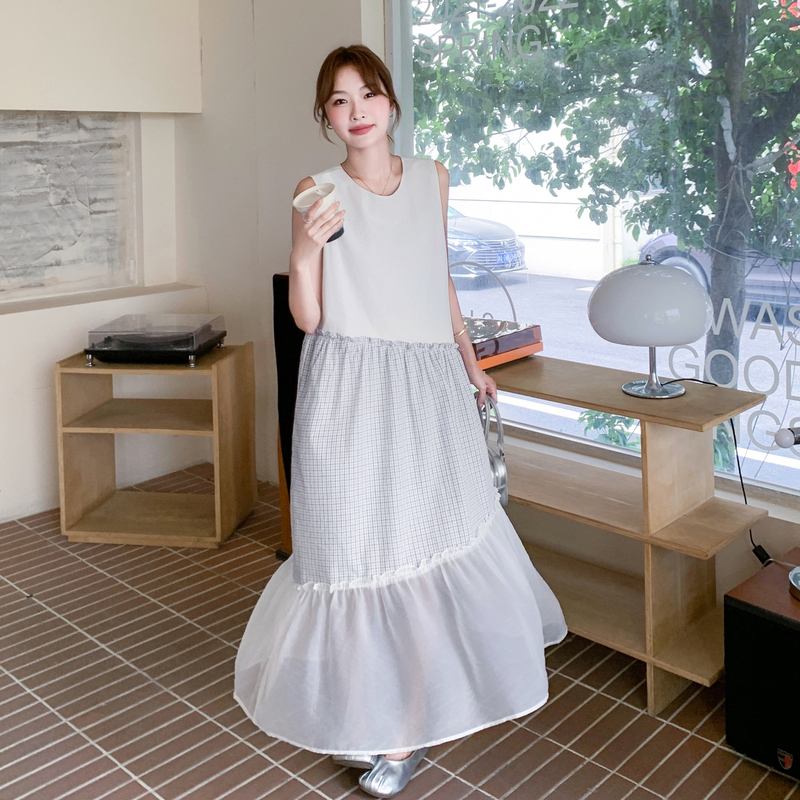 Women's Sleeveless Mesh Splicing Tank Dress - Casual Loose Long Summer 2025 Trendy Fashion, Perfect for Y2K and Summer Outings