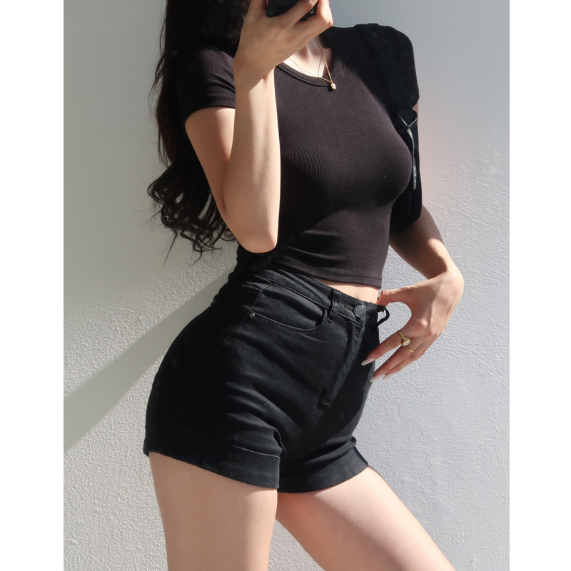 Women's Slim Fit Round Neck Crop T-Shirt - Summer Elastic High Waist Short Sleeve Basic Top - European American Style