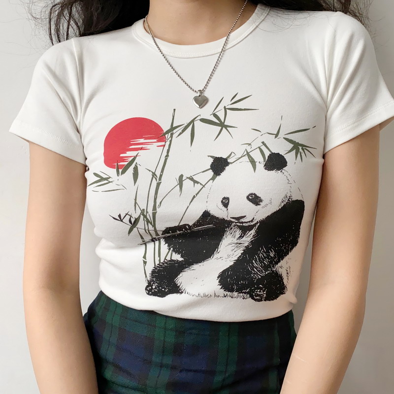 Women's Slim Fit White Short Sleeve T-Shirt with DIY Chinese Painting Panda and Bamboo Sunset Print