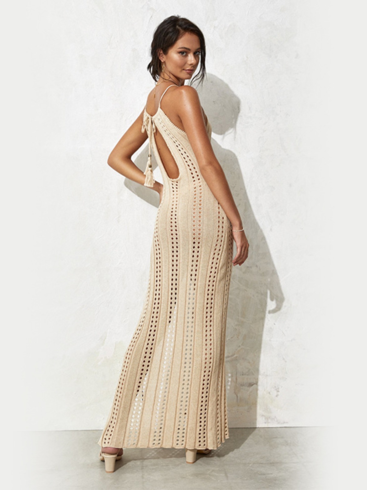 Women's Solid Color Sleeveless Beach Dress - Knitted Hollow Swimwear Vacation Long Dress in European and American Style