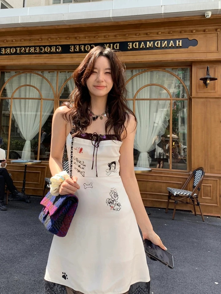 Women's Summer Graffiti Dress with Lace Splicing, Hand-Painted Print, Spaghetti Straps - Trendy Niche Style