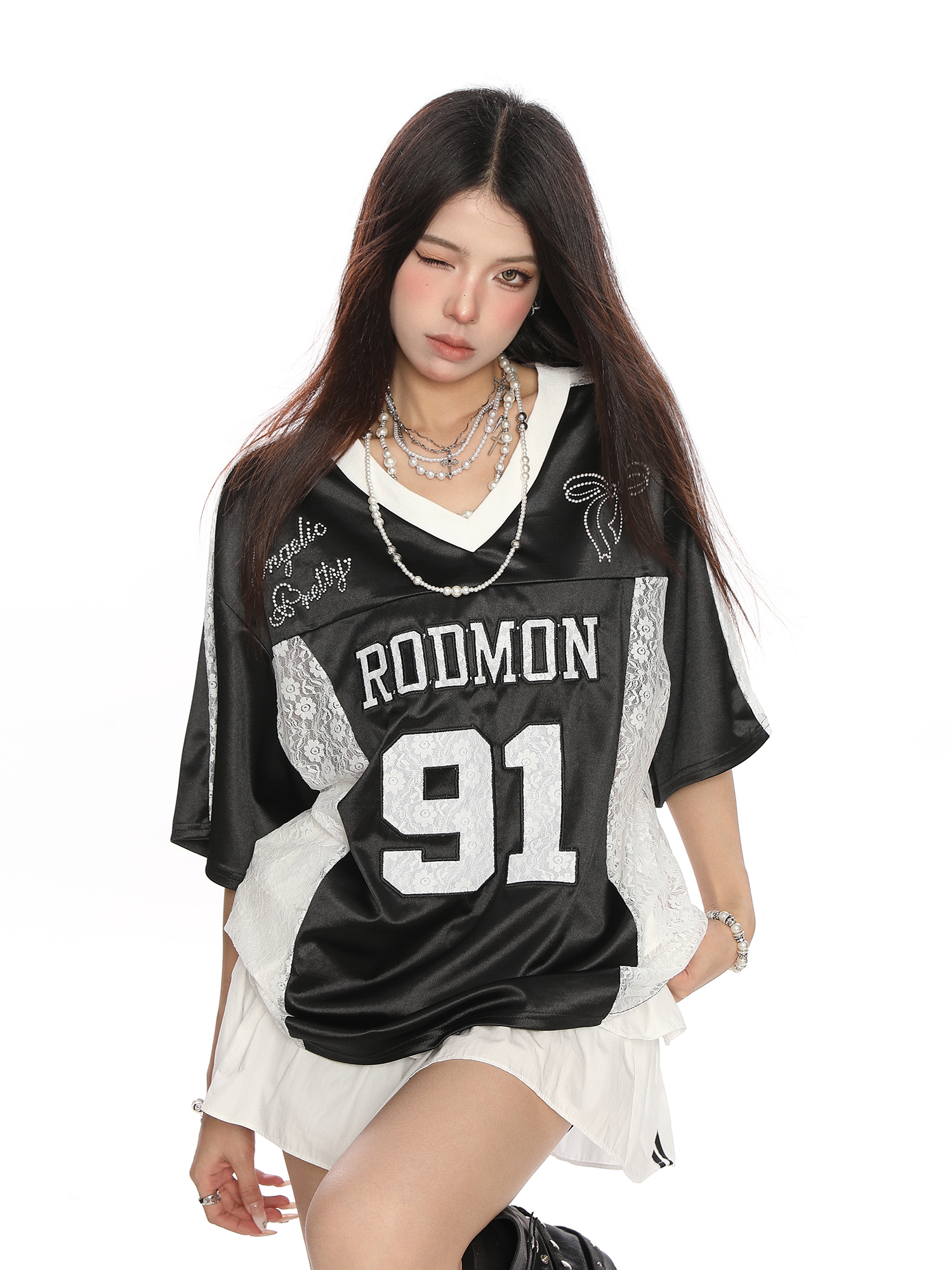 Women's Summer Jersey Style V-Neck Lace Spliced Short Sleeve T-Shirt - Loose Fit Sports Top for Casual Wear