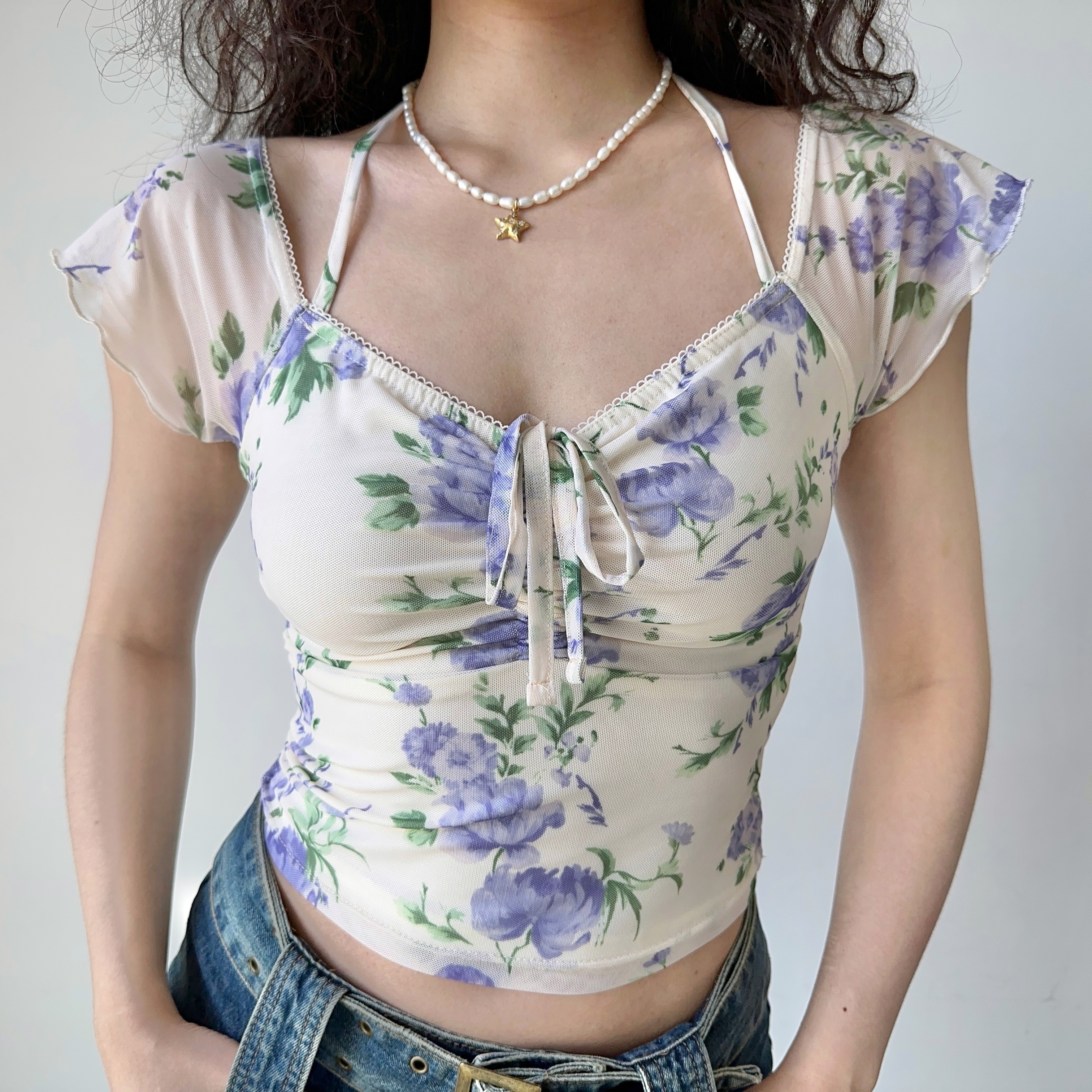 Women’s Summer Slim Fit Printed Mesh V-neck Short Sleeve T-shirt - European American Style, Casual Waist-Hanging Top