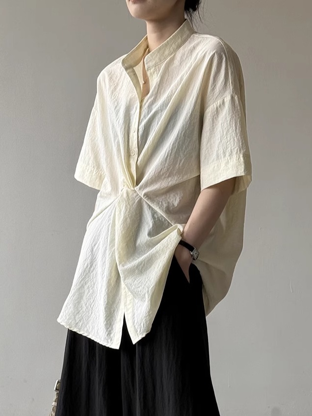Women's Unique Knotted Waist Mid-Sleeve Shirt - Casual Loose Fit, Elegant Thin Top for Summer 2025, Trendy Fashion Essential