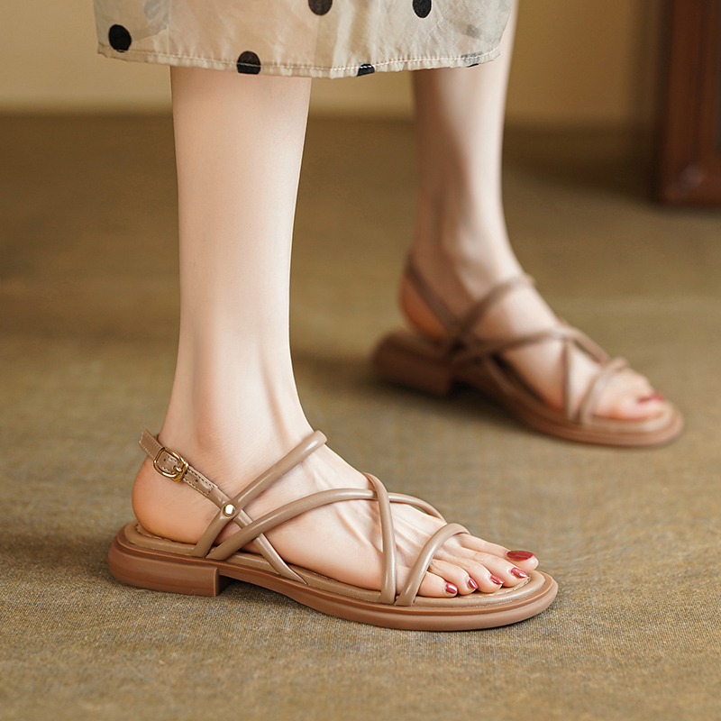 Women’s Vintage Flat Sandals, Open-Toe Thin Strap Roman Shoes, Casual One-Buckle Low-Heel Summer Style 2023