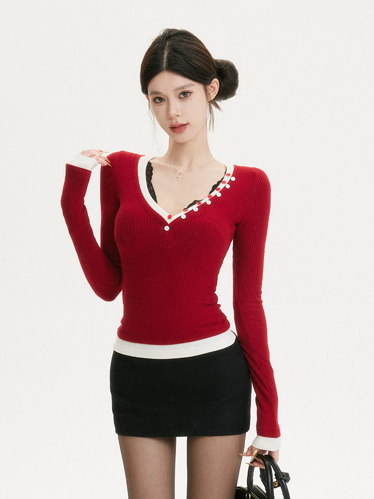 Women's Vintage Slim Fit V-Neck Spliced Thin Knit Sweater - Chic High Design Fashion Top