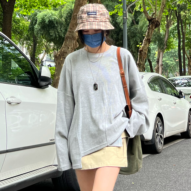 Women's Waffle Long Sleeve Sun Protection T-Shirt - Casual Loose Gray Top for Autumn 2022, Perfect for Everyday Wear