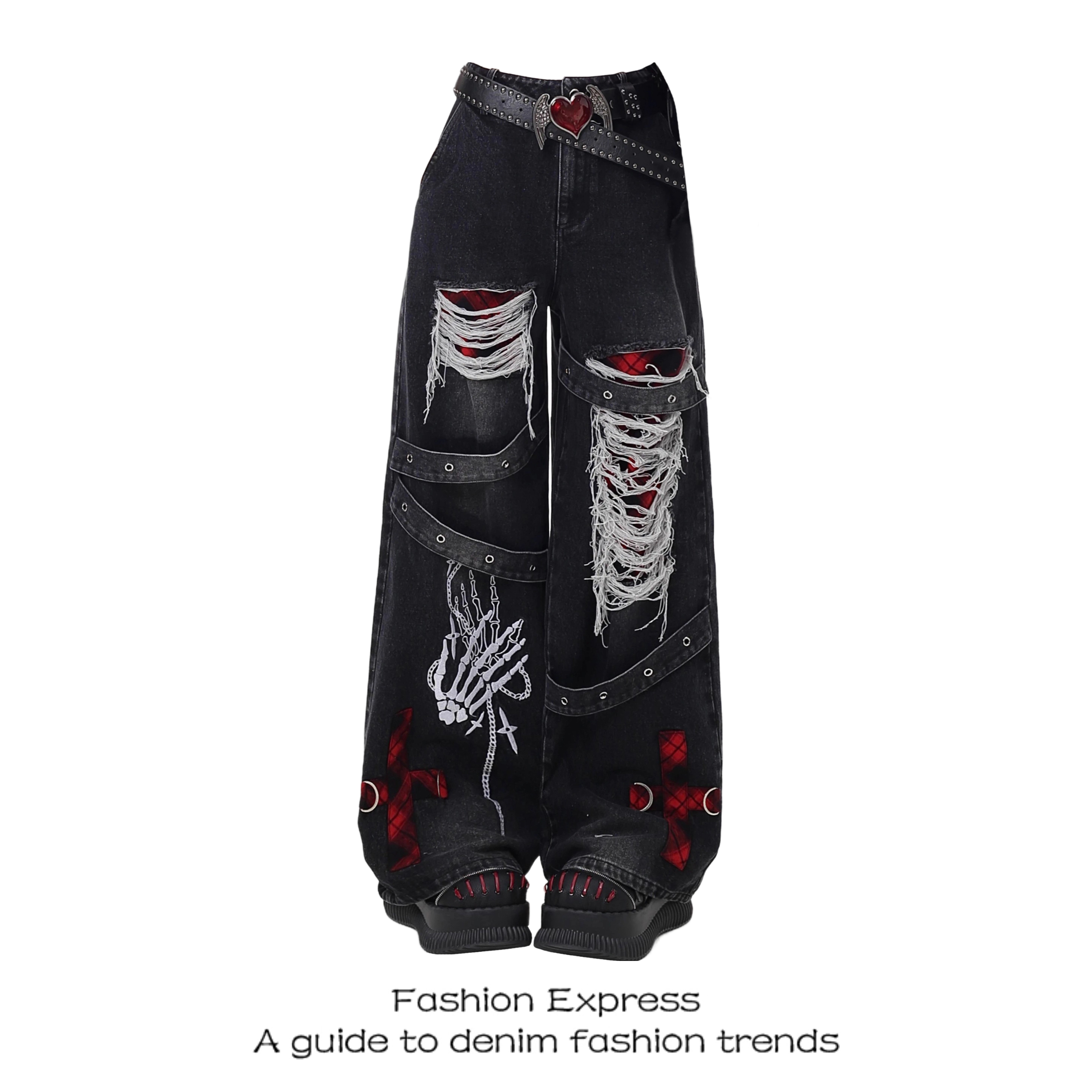 Women's Wide-Leg Ripped Jeans, Punk Retro Distressed Denim, 2025 Spring Autumn Fashion, Unique Niche Style