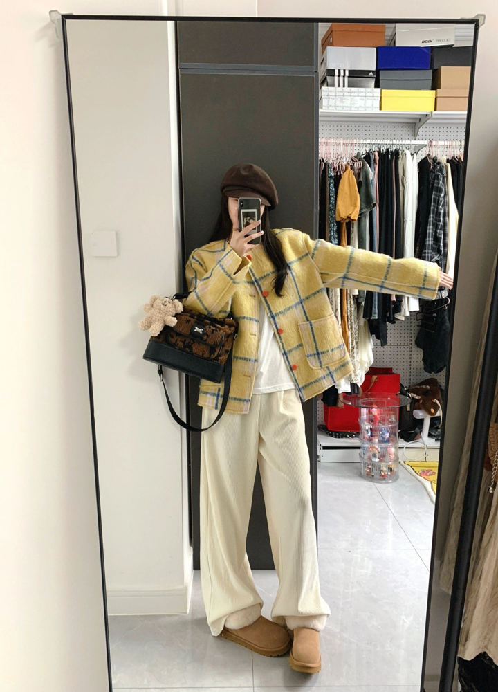 Women's Yellow Plaid Woolen Coat, Fringed Loose Fit Short Overcoat, Thickened Warm Autumn Winter Style for Petite Sizes