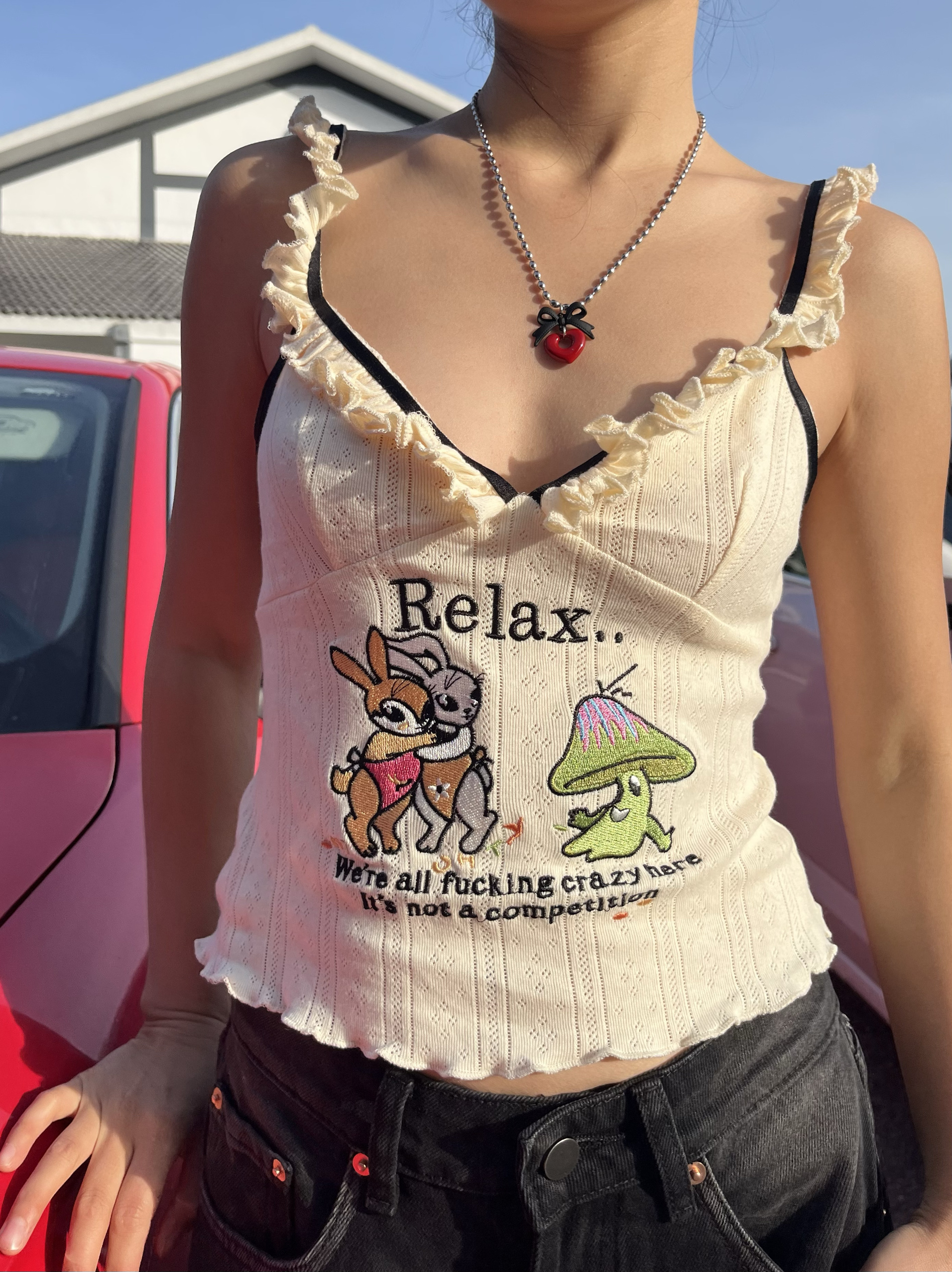 Wood Ear Edge Cartoon Embroidery Hot Girl Sling Top - Women's Summer Sexy Low-Cut Slim Crop Top for Y2K Fashion