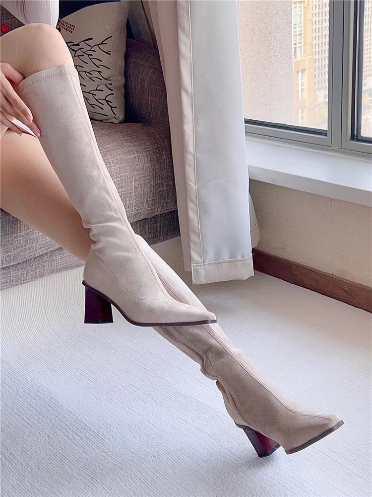 Wood Grain Over-the-Knee High-Heeled Boots for Women - Pointed Toe Chunky Heel Suede - Autumn Winter 2024 Fashion