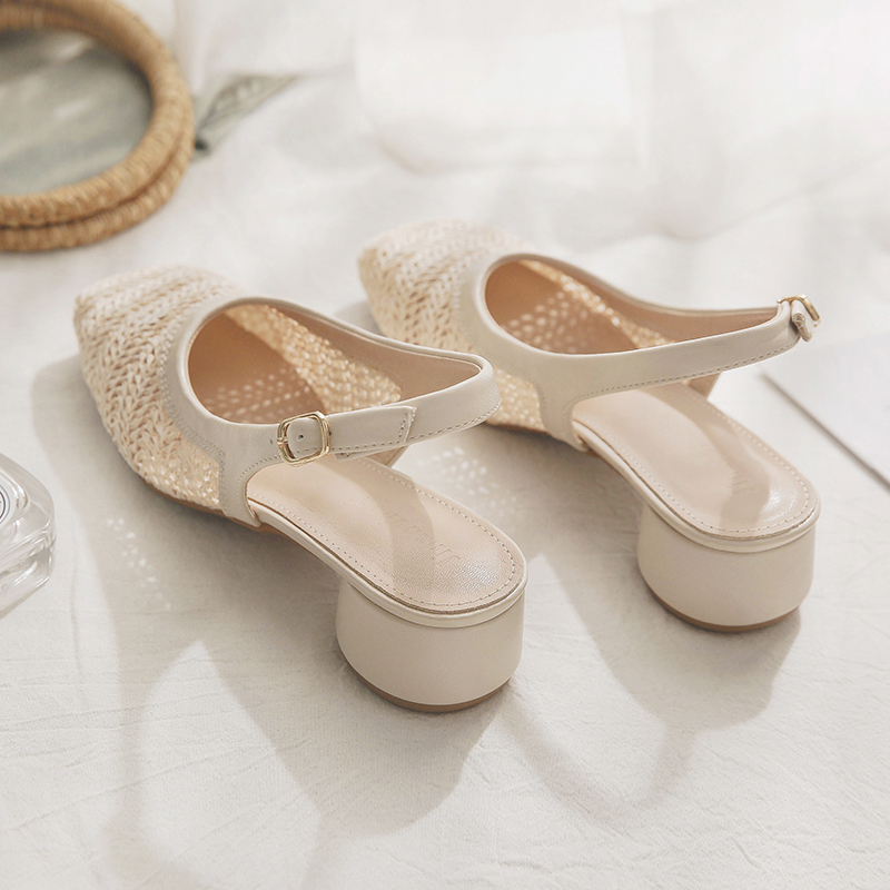 Woven Hollow Chunky Heel Evening Shoes - Sheepskin Closed-Toe Sandals for Women, Summer Fairy Style Flats Perfect with Skirts