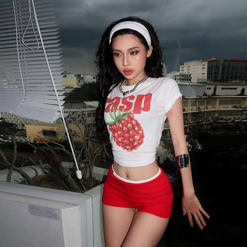 Y2K American Retro Raspberry Short Sleeve Crop Top for Women - Slim Fit Shoulder-Baring Summer Style
