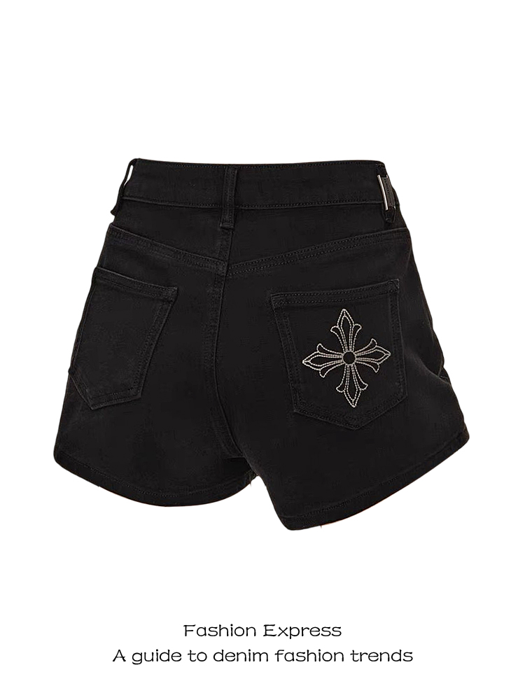 Y2K Black Denim Shorts for Women with Cross Flower Embroidery, Low-Waist Slim Fit Bodycon Hot Pants for Autumn/Winter 2025