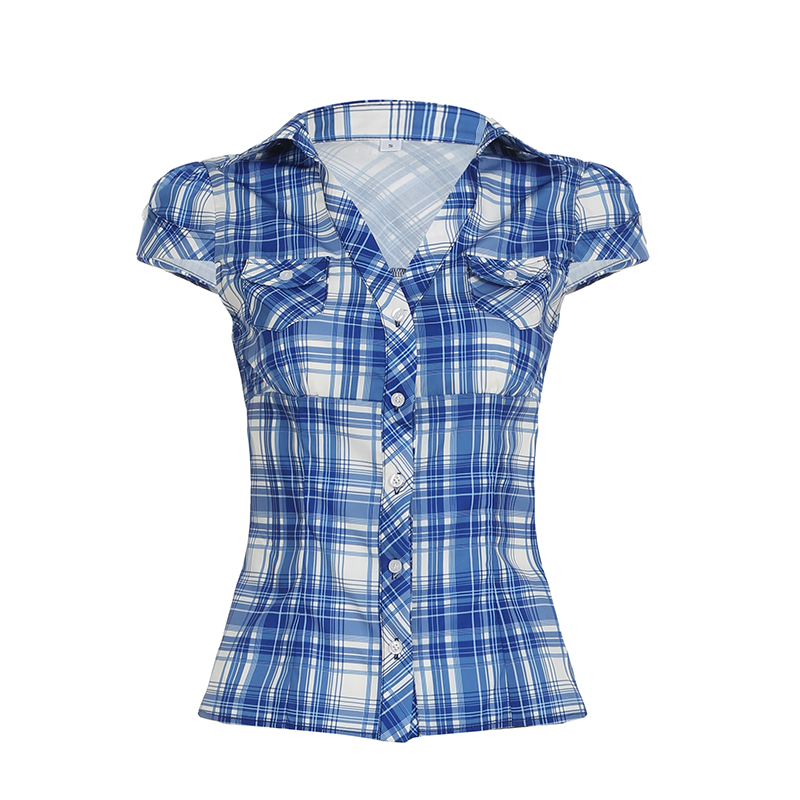 Y2K Blue and White Checkered Short-Sleeve Cropped Shirt for Women - Slimming Fit, Versatile Casual Top, Spicy Girl Style