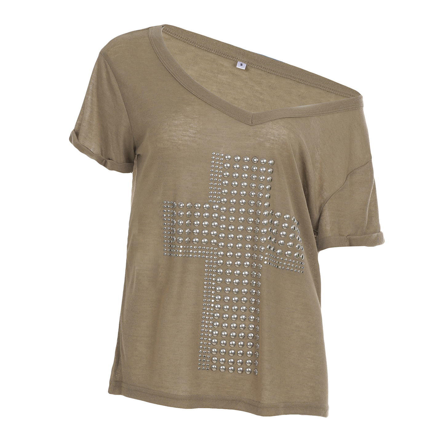 Y2K Cross Copper Foil V-Neck Short Sleeve T-Shirt for Women - Casual Loose Slimming Versatile Trendy Top