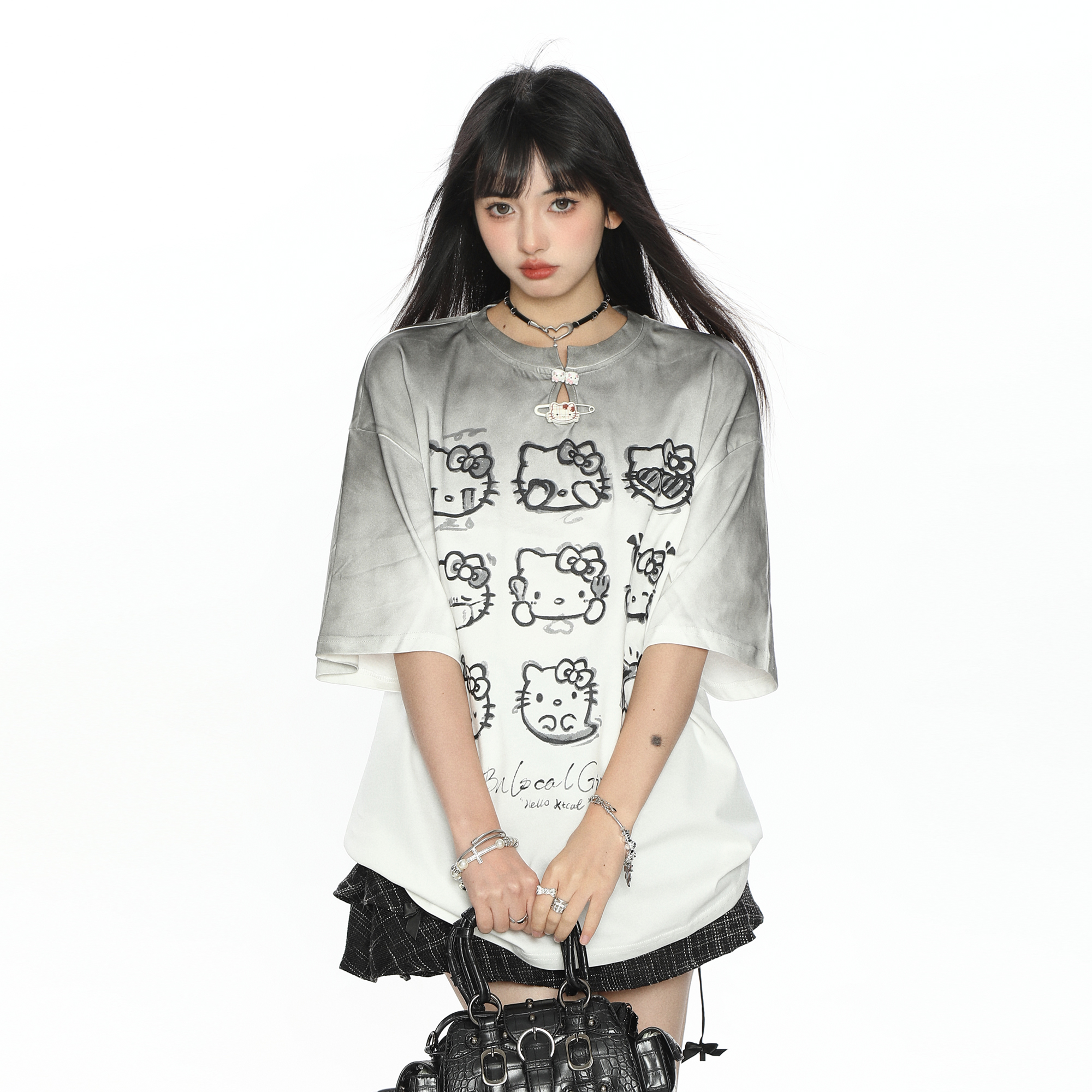 Y2K Gradient Hello Kitty Short Sleeve T-Shirt for Women - Summer Slim Fit Trendy Top