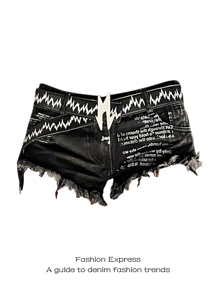 Y2K Low-Waist Frayed Denim Shorts for Women - Slimming Body-Hugging Black Hot Pants with Letter Print for Autumn and Winter