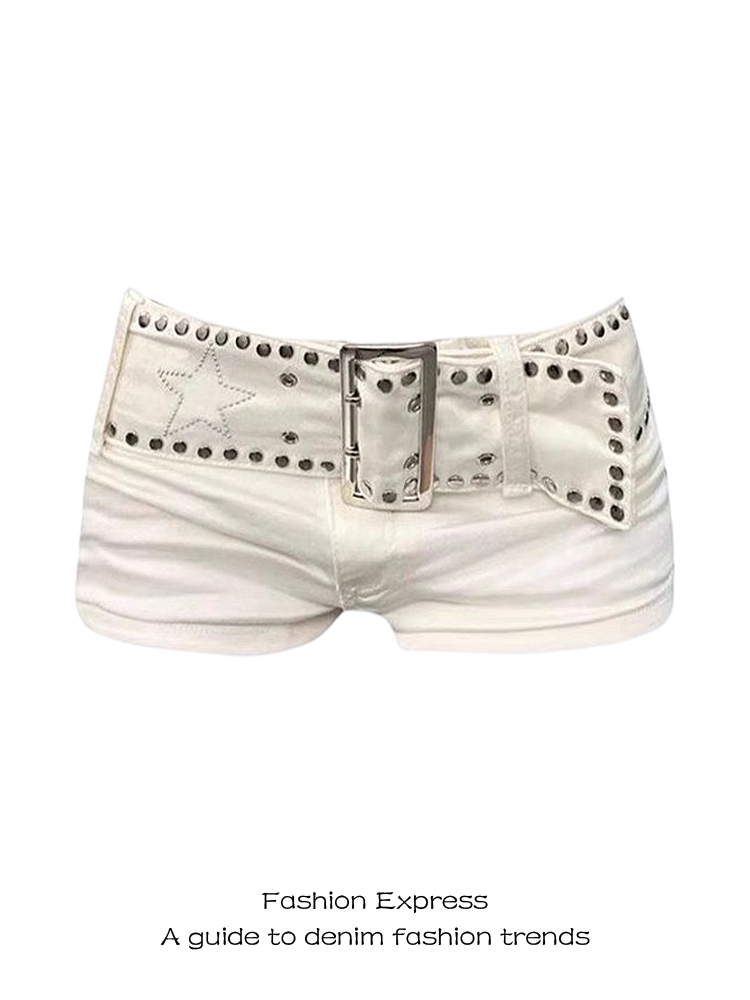Y2K Low-Waist White Denim Shorts with Studded Belt - Body-Hugging Wide-Leg Hot Pants for Women - Trendy Autumn & Winter Fashion
