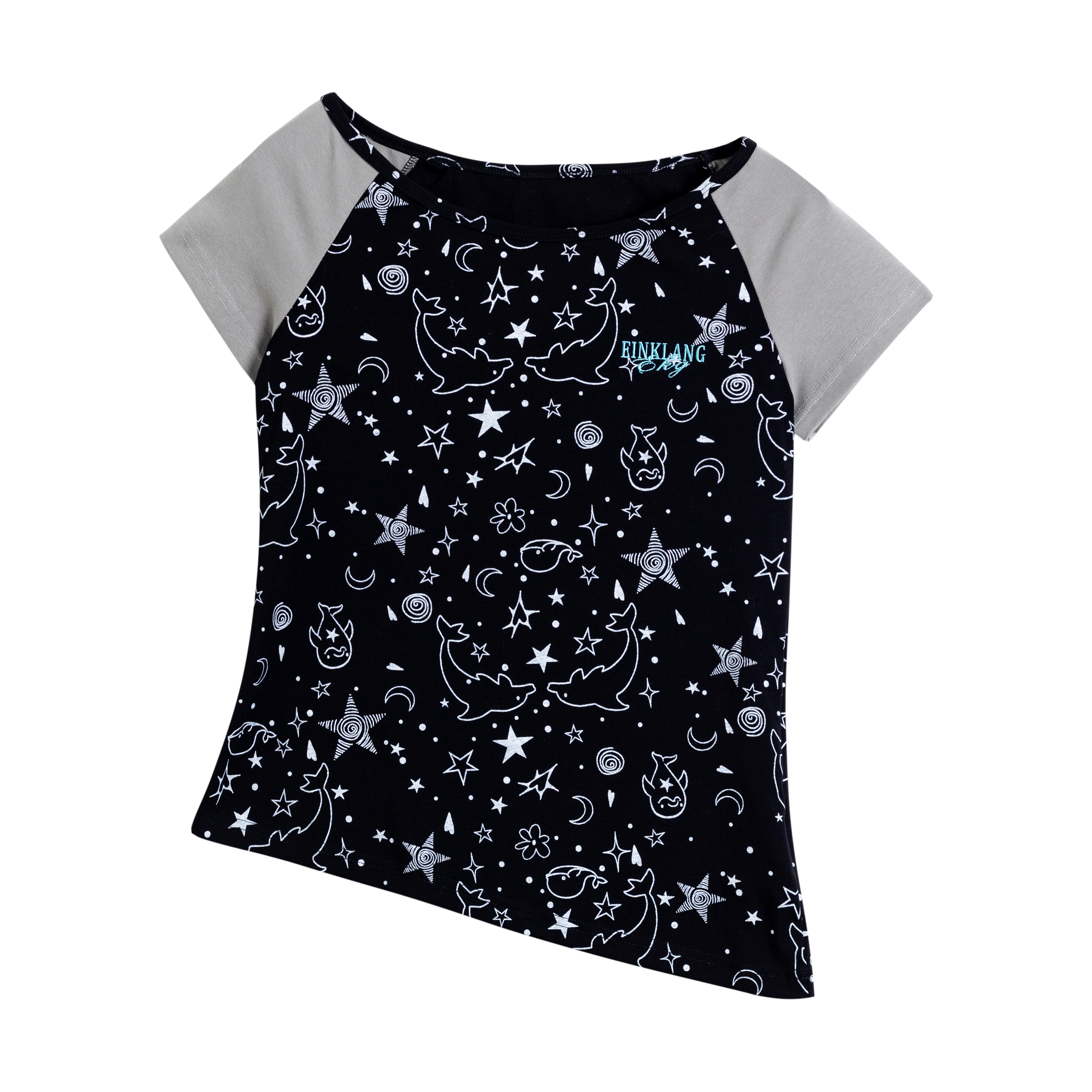 Y2K Retro Dolphin Star All-Over Print Asymmetrical Short Sleeve Off-Shoulder Slim Fit Women's Summer T-Shirt