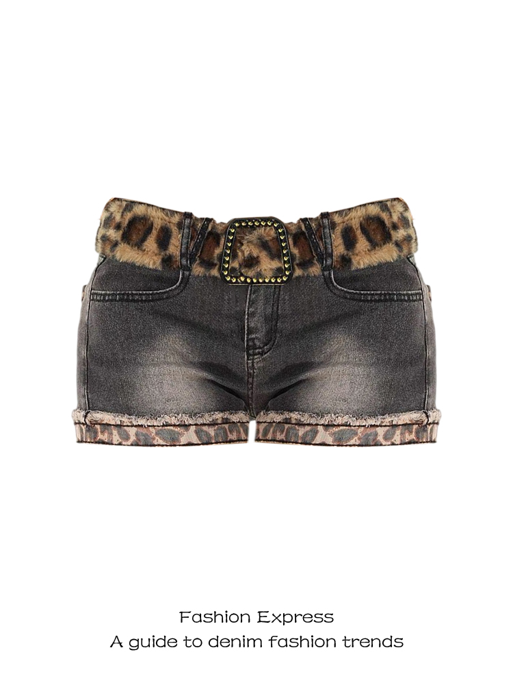 Y2K Retro Leopard Print Rolled Hem Ultra-Short Denim Shorts for Women - Spicy Bodycon Slimming Hot Pants for Autumn Winter Shibuya Style