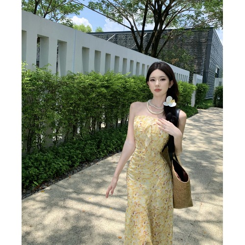 Yellow Floral Chiffon Dress - Strapless Slimming Beach Skirt with Split - Summer Seaside Vacation Style