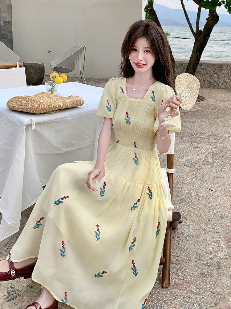 Yellow Puff Sleeve Square Neck Embroidered Dress for Women - 2025 Summer Sweet Milk-Style High Waist Slim Fit Long Skirt