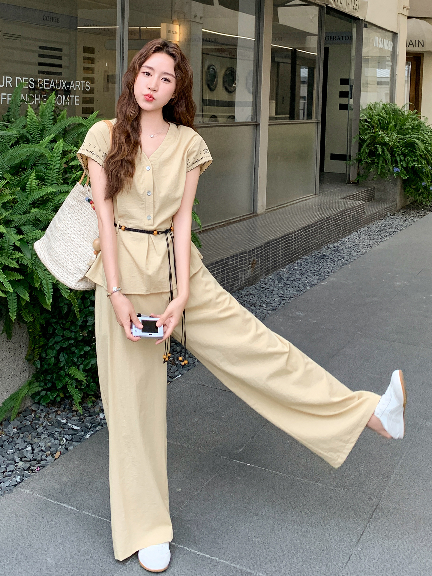 Yellow V-Neck Artistic Temperament Shirt & Wide-Leg Pants Set for Women, Slimming Summer 2025 Two-Piece Outfit, Trendy Style